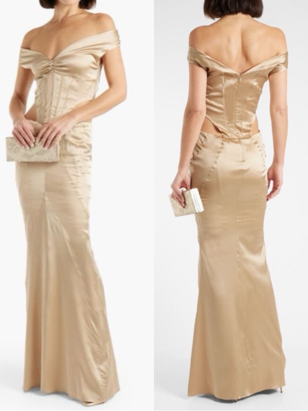 NWT RETROFETE Nika Corset Silk Nude Champagne Cut Out Formal Maxi Dress Gown